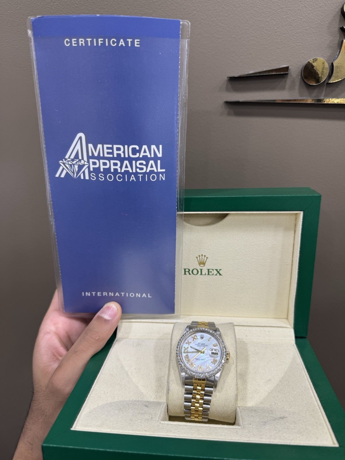 Rolex Datejust Two-Tone 18kt Bracelet White Roman Dial Diamond Bezel Date w/ Box