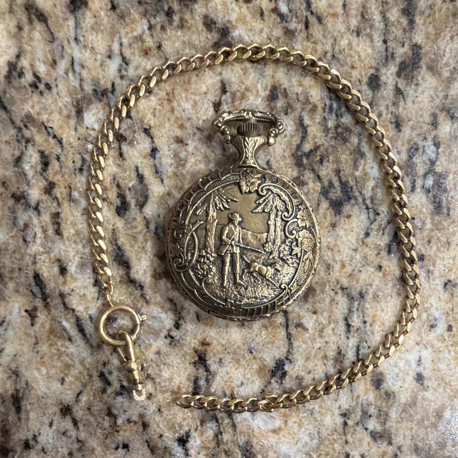Belair Quartz Hunter Pocket Watch w/ Chain Day Date Hunting Scene Needs Battery