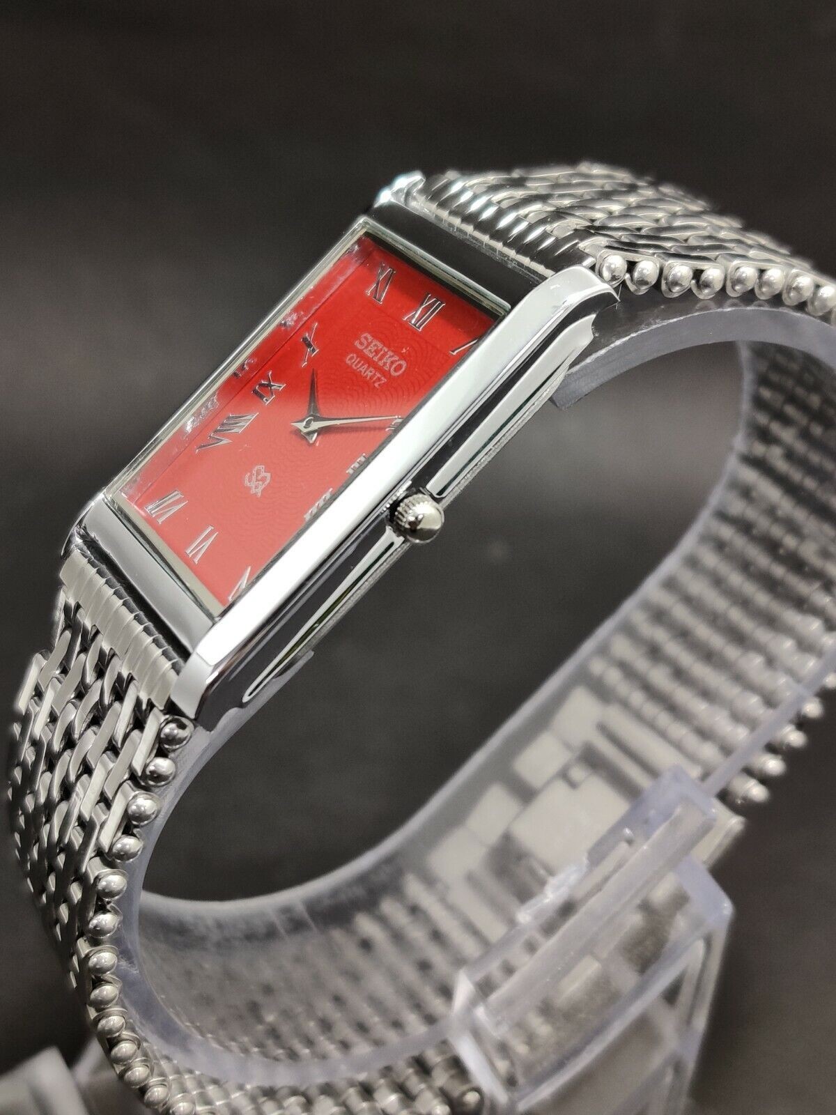 Vintage Seiko Slim Quartz Red Face Rectangle Japanese 26MM Case Mens Watch S12