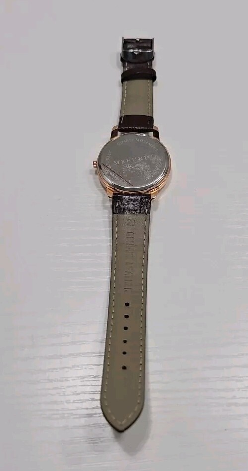 Mreurio White Dial Rose Gold Tone Case Brown Leather Band MensWatch New Battery