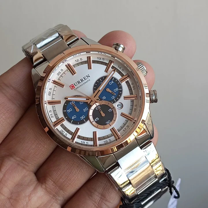CURREN Chronograph Watch Men’s Silver Rose Gold Stainless Steel 47mm