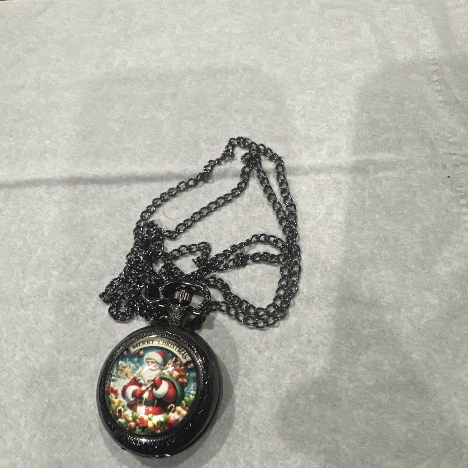 New Santa Claus Pocket Watch Design Black 36mm Quartz Christmas Holiday Gift USA
