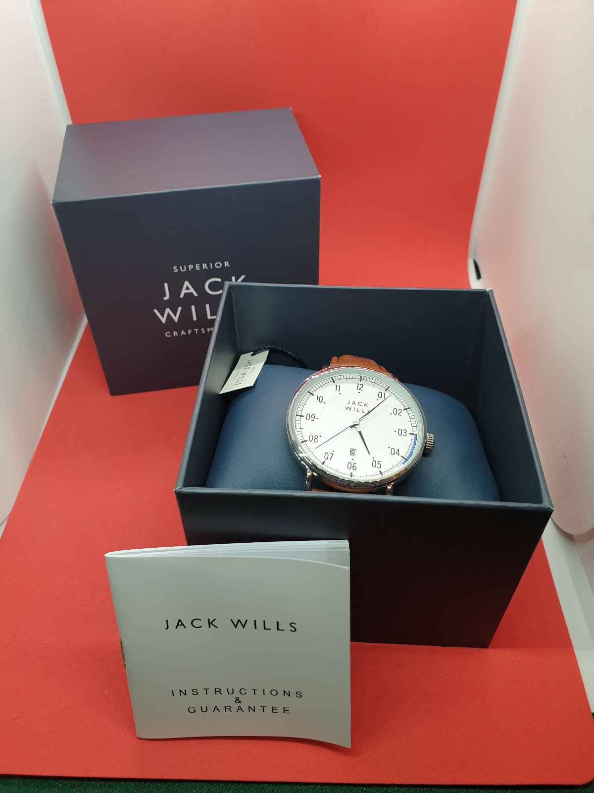 mens jack wills chrome watch with date display 3atm,brown tan strap new in box.