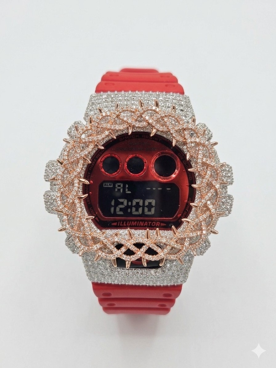 Casio G-Shock Watch Moissanite Rhd-Rose Gold GSpiked Bezel, Red Band, New.