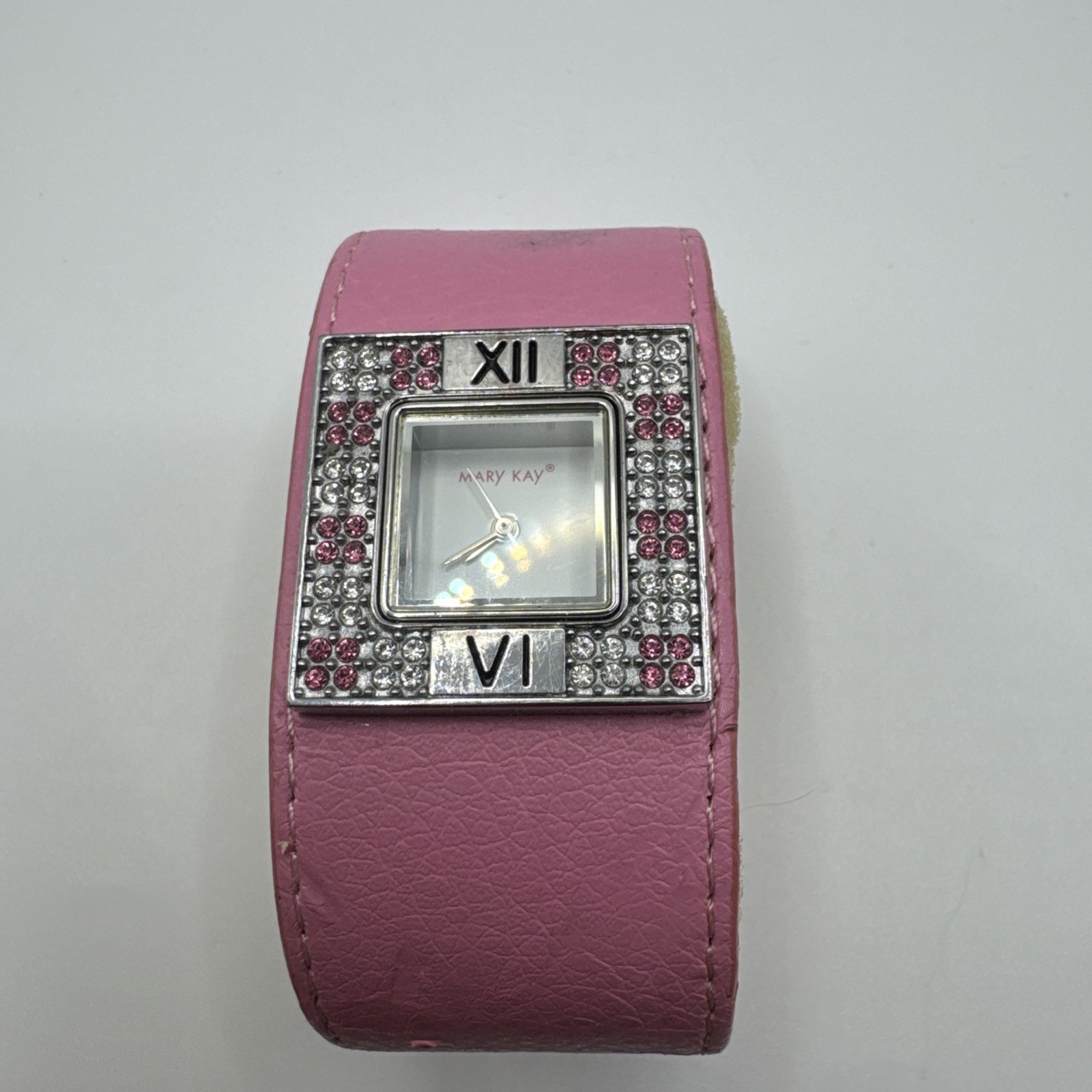 Vintage MARY KAY Pink Wrist Watch Wide Band Snap Closure Pink & White Crystals