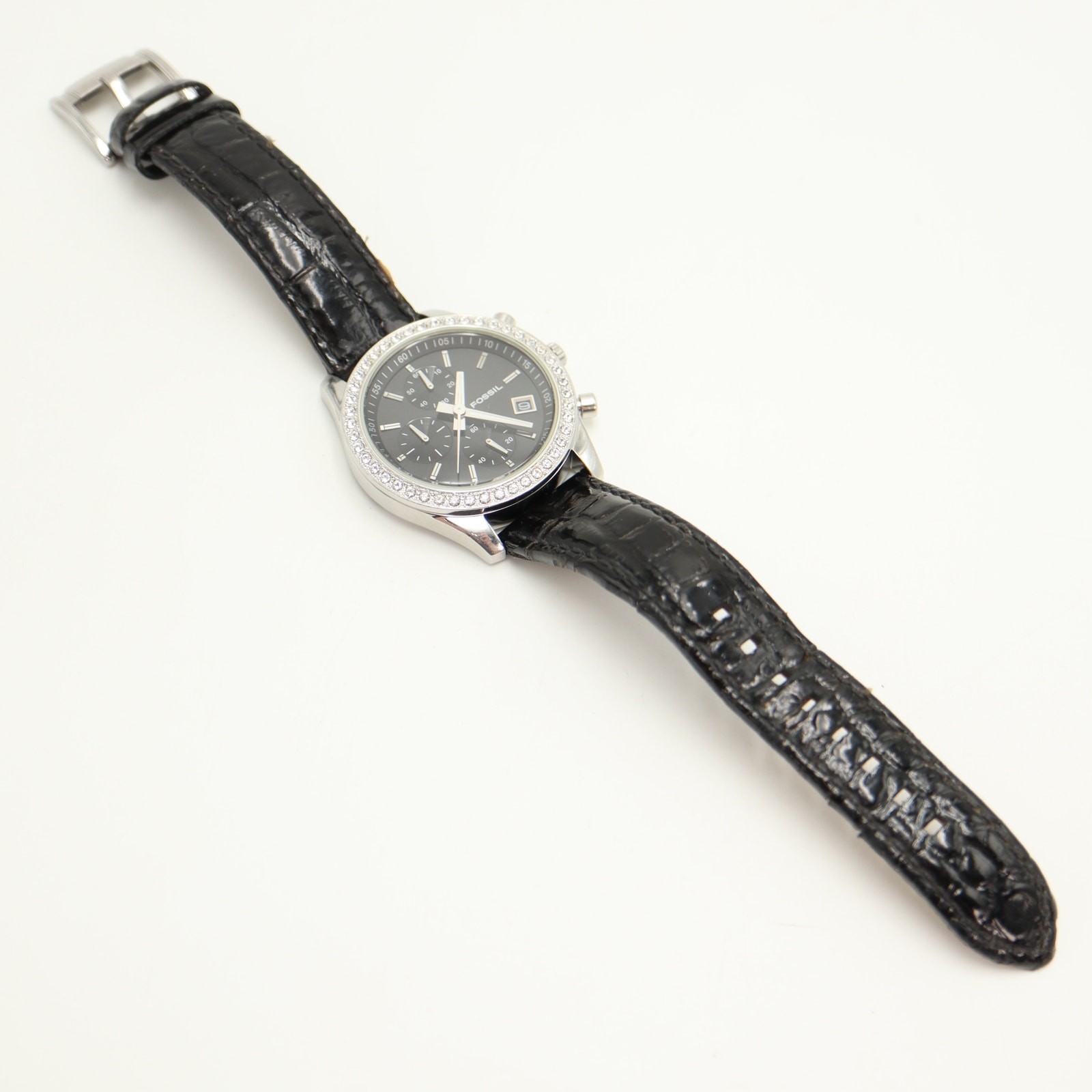 Fossil Arkitekt Chronograph 37mm Watch Black Leather Gem Set ES1648 New Battery