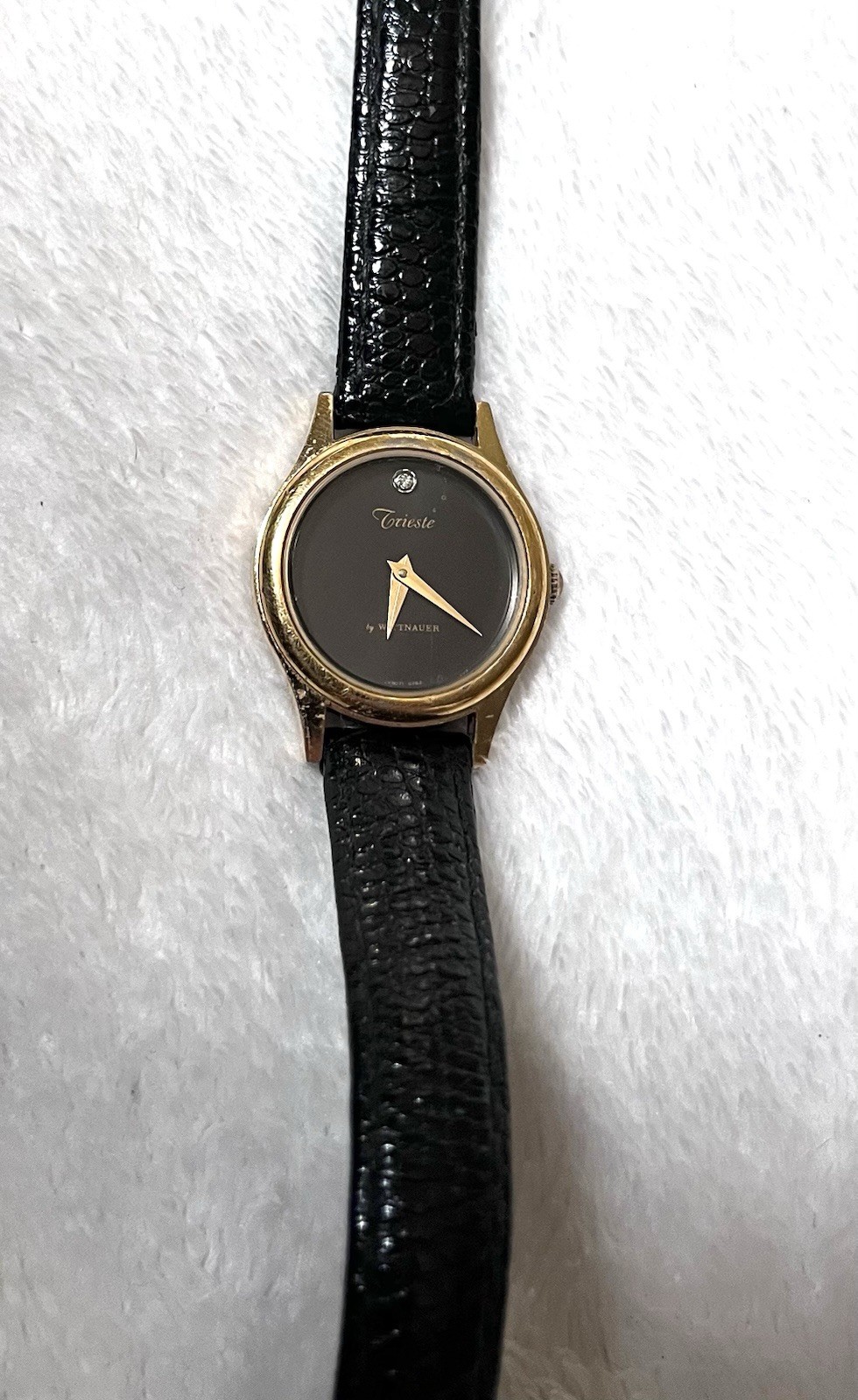 Vintage Geneva Women’s Quartz Analog Watch Gold Case, Black Dial & Leather Strap