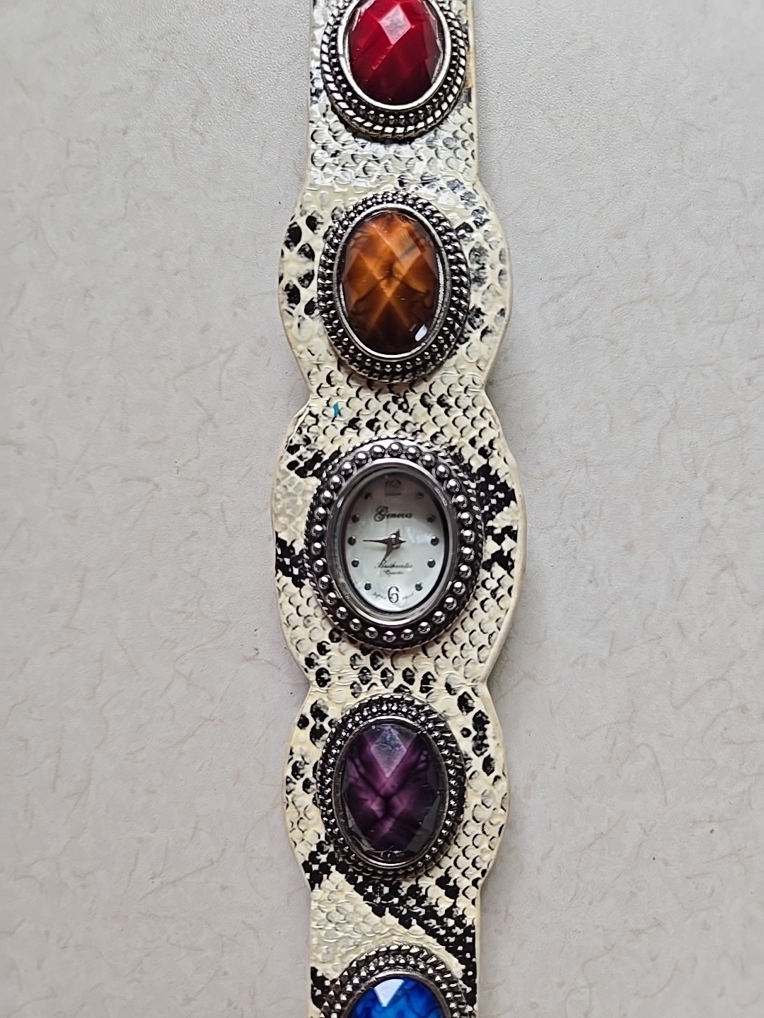 Geneva womens watch snap bracelet with fuax stones & snakestine texture new batt
