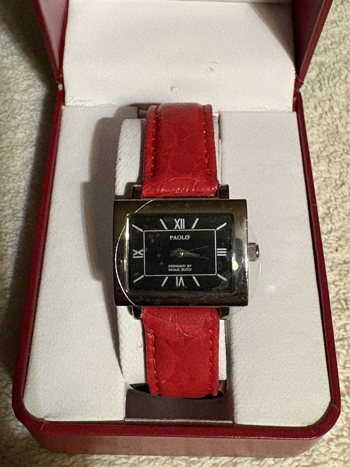 Paolo Gucci Women’s Quartz Rectangle Watch Black Dial Red Leather Strap w/ Box