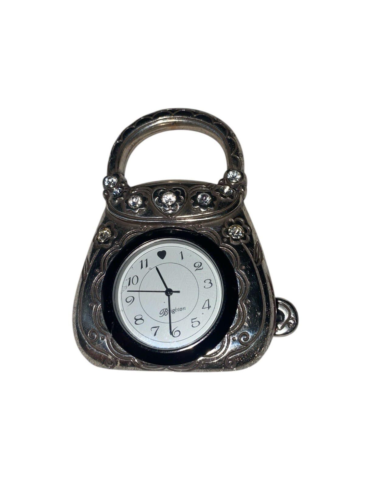 Brighton Silver Purse Watch New Battery Flowers & Jewels Swinging Stand