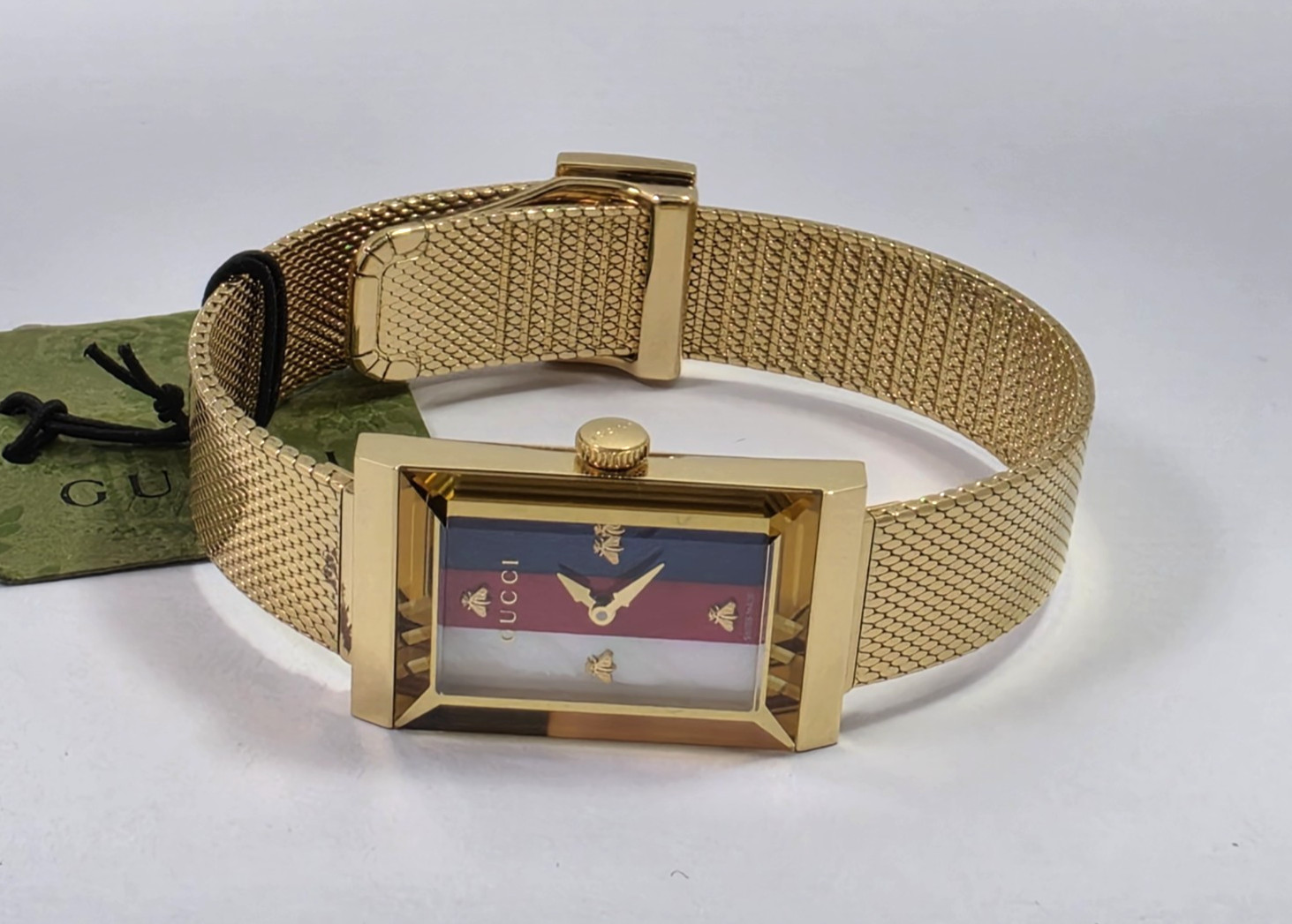 Gucci G-Frame SWISS Quartz Gold Tone Stainless Steel Ladies Mesh Watch YA147410