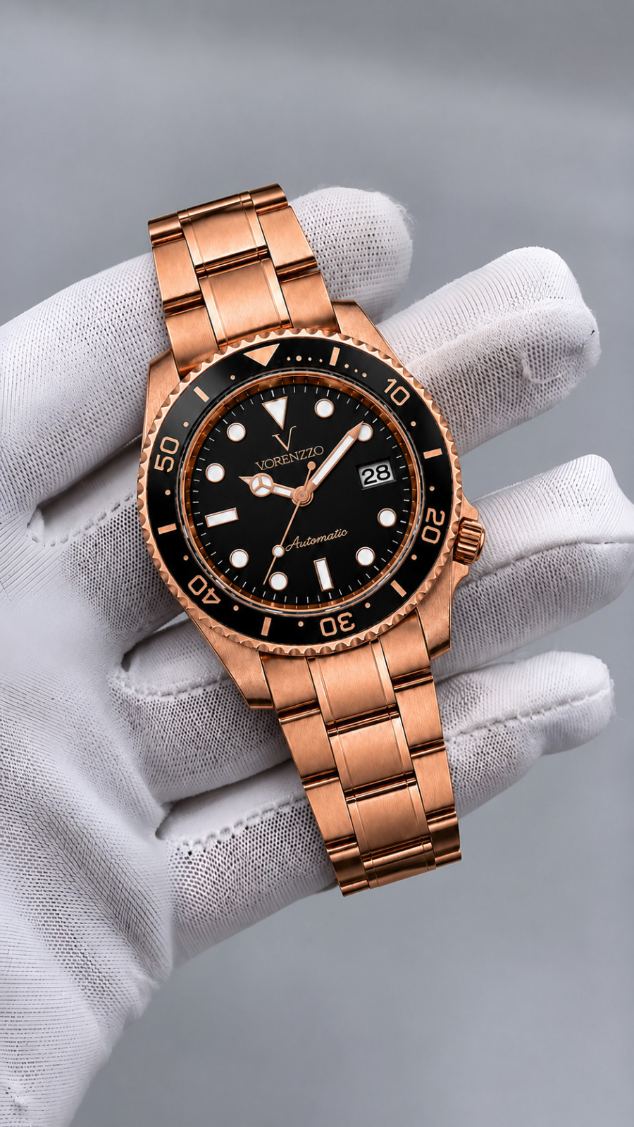 VORENZZO Automatic Watch 40mm Rose Gold Black Dial Sapphire Date Men’s