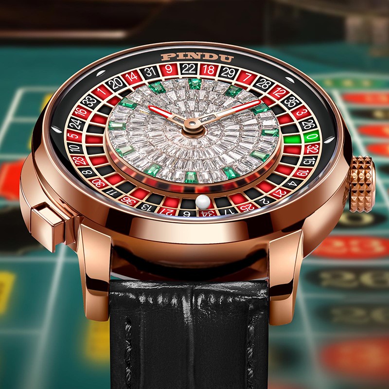 PINDU Men’s Mechanical Watch Roulette Dial Iced Out Sapphire Glass 46mm Golden