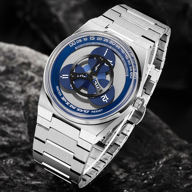 PINDU Men’s Automatic Watch Unique Rotating Disc Dial Miyota 8215 Luminous Leath