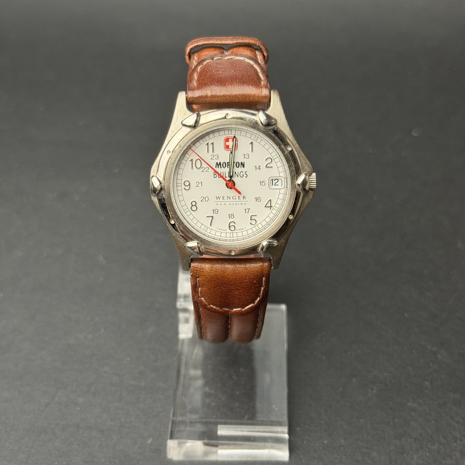 MENS WEGNER S.A.K. DESIGN “MORTON BUILDINGS” WRIST WATCH Silver Tone Size 37mm