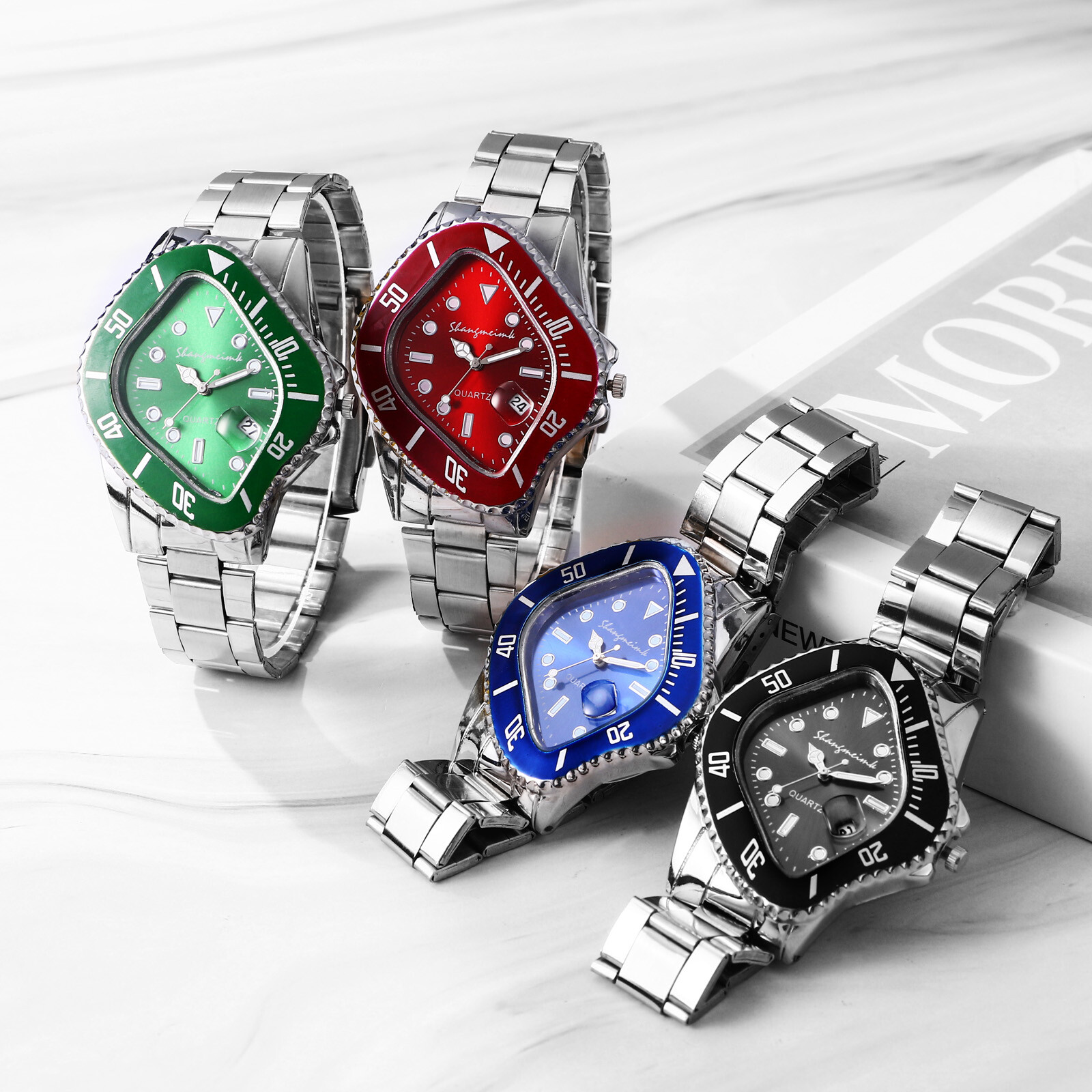 Men’s Calendar Special Shaped Dial Stainless Steel Band Quartz Wrist Watch Gift