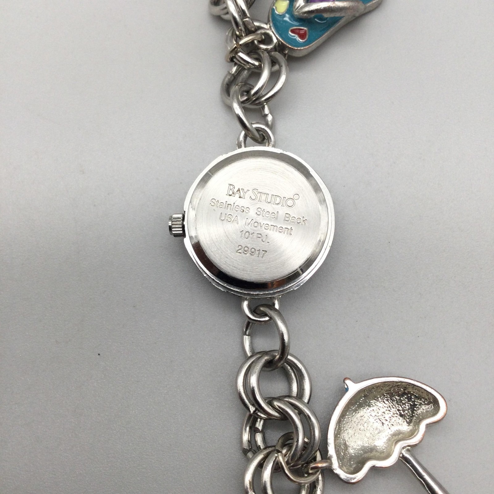 Bay Studio Charm Watch Womens 22mm Silver Tone Beach Charms New Battery 7.5″