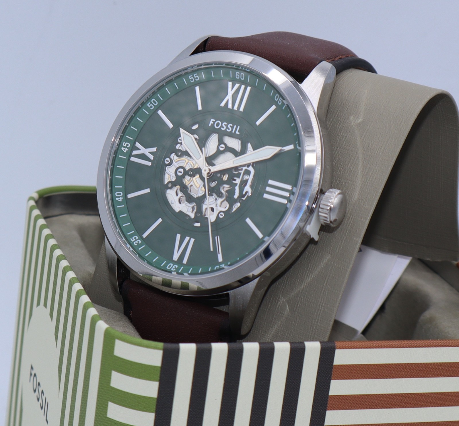 Fossil Flynn Silver Green Brown Leather Skeleton BQM7129 Men Watch