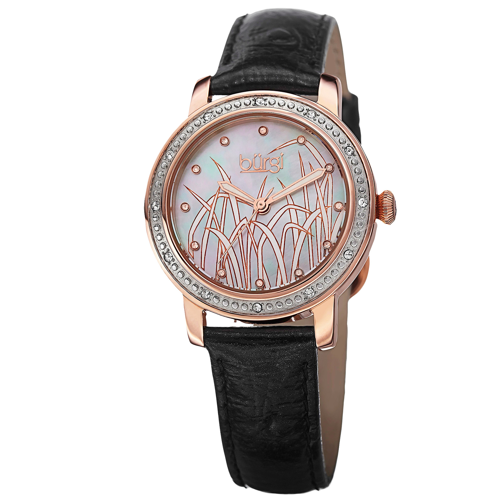 New Women’s Burgi BUR096RG Pattern MOP Diamond Dial Black Leather Strap Watch