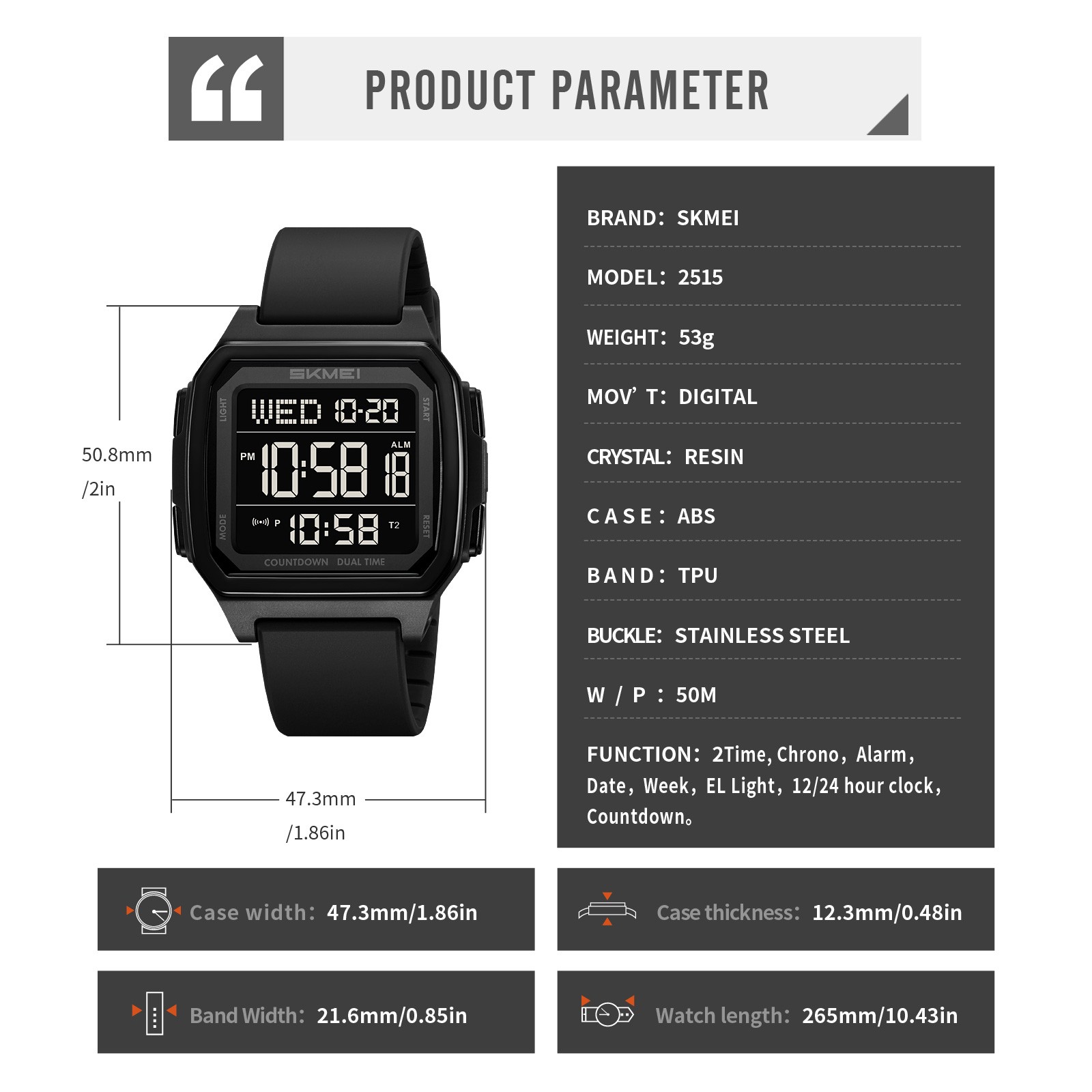 With box Student Square Waterproof SKMEI 2515 Chrono Men’s Sport TPU Strap Watch