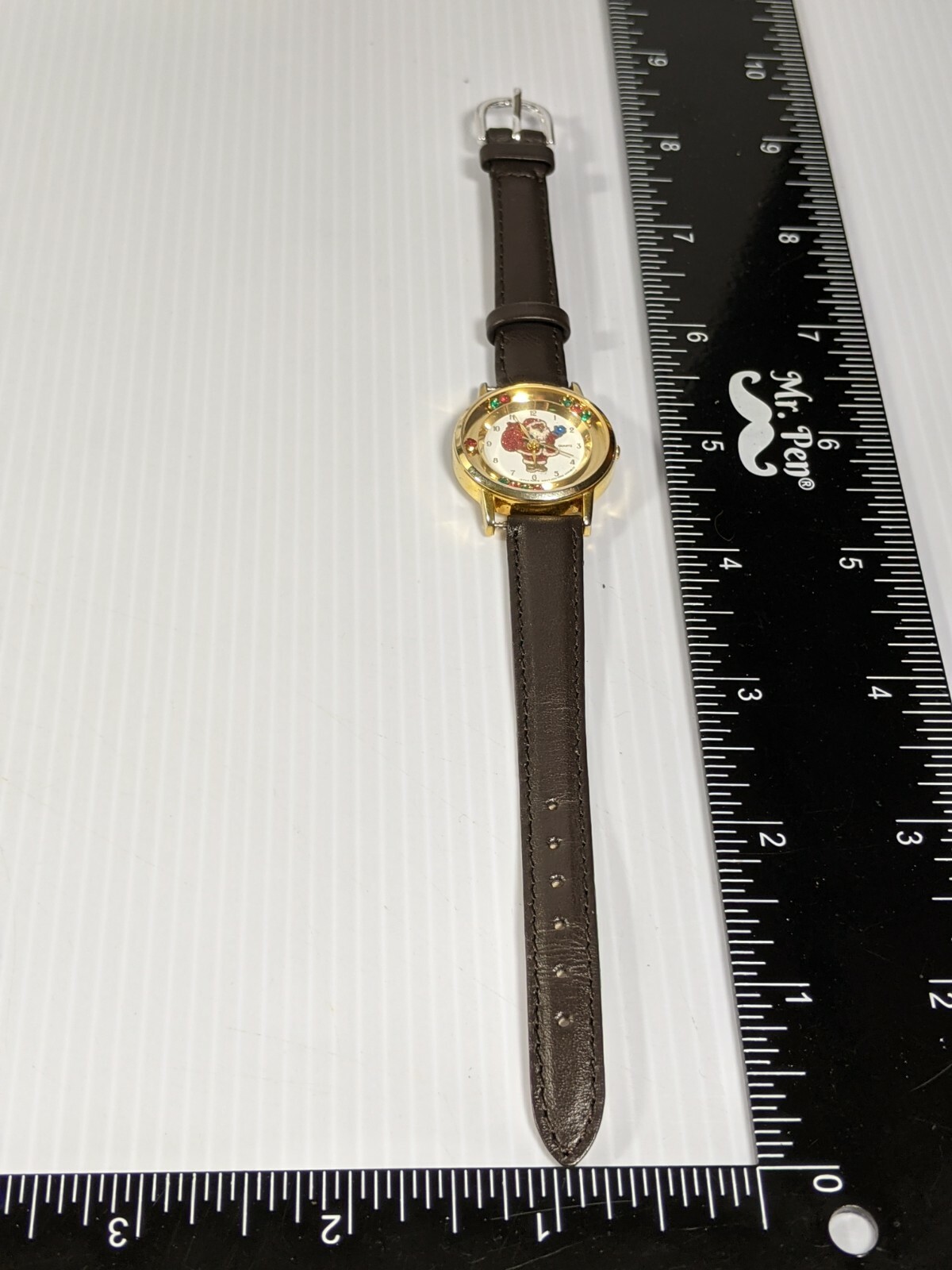 Gold Tone Red Green Floating Crystal Santa Claus Black Band Watch 8 Inch