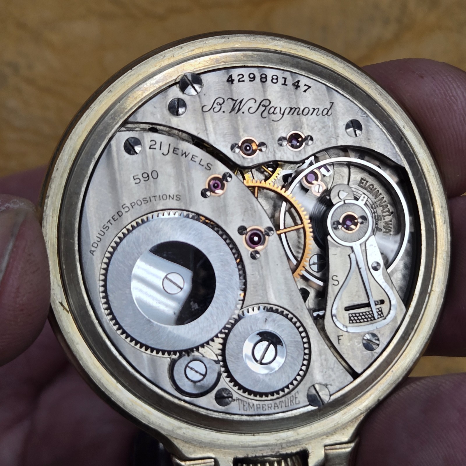 Antique Elgin BW Raymond 21j 590 Railroad Watch-Runs Gold filled needs crystal