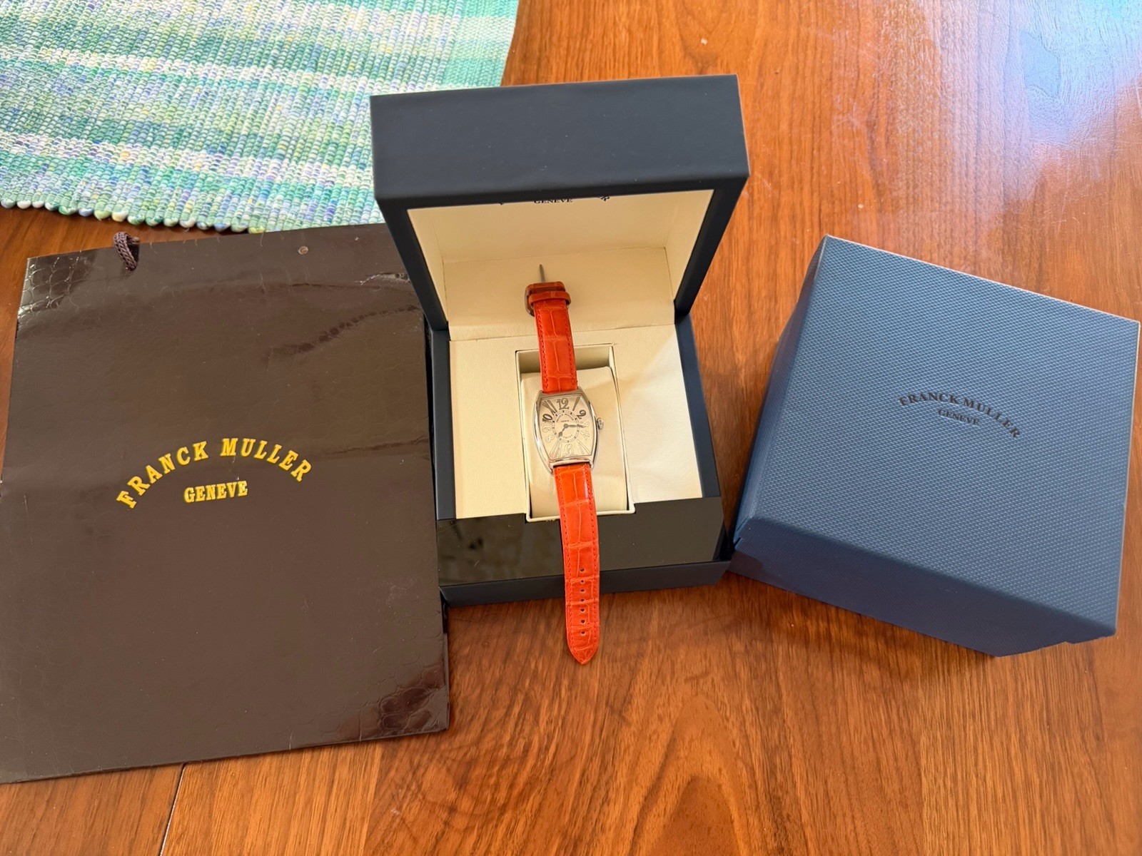 Franck Muller Relief Curvex Automatic Silver Dial Orange Leather Strap Box