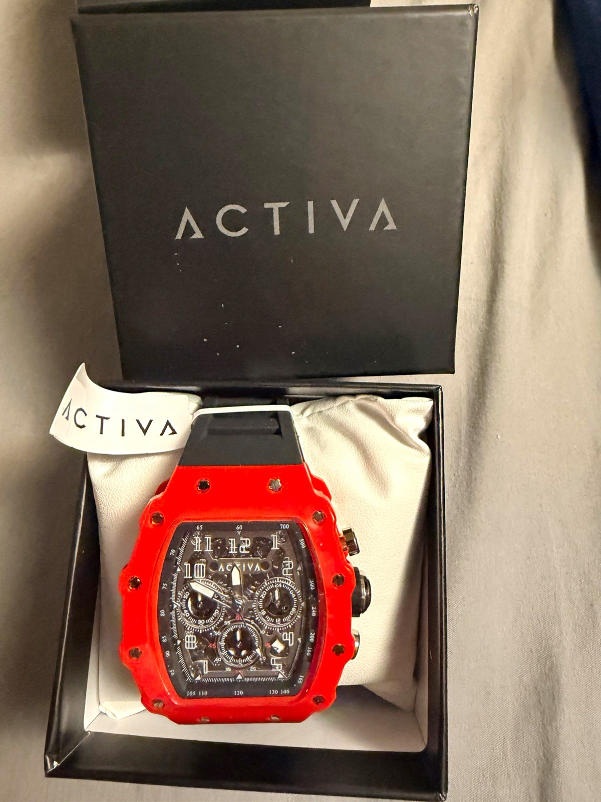 Activa Men’s Analog Chronograph Cushion Watch Red Case Black Dial Rubber w/ Box