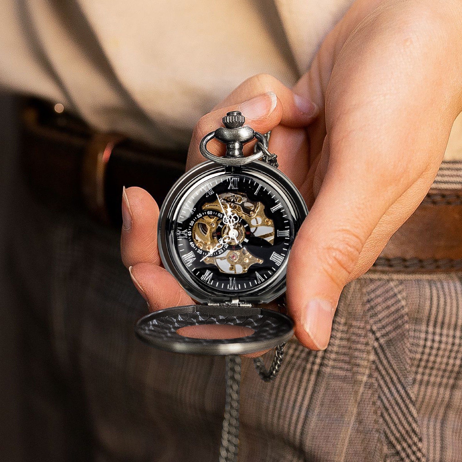 Mens Pocket Watch Mechanical Black Steampunk Skeleton Retro Chain Luxury Classic