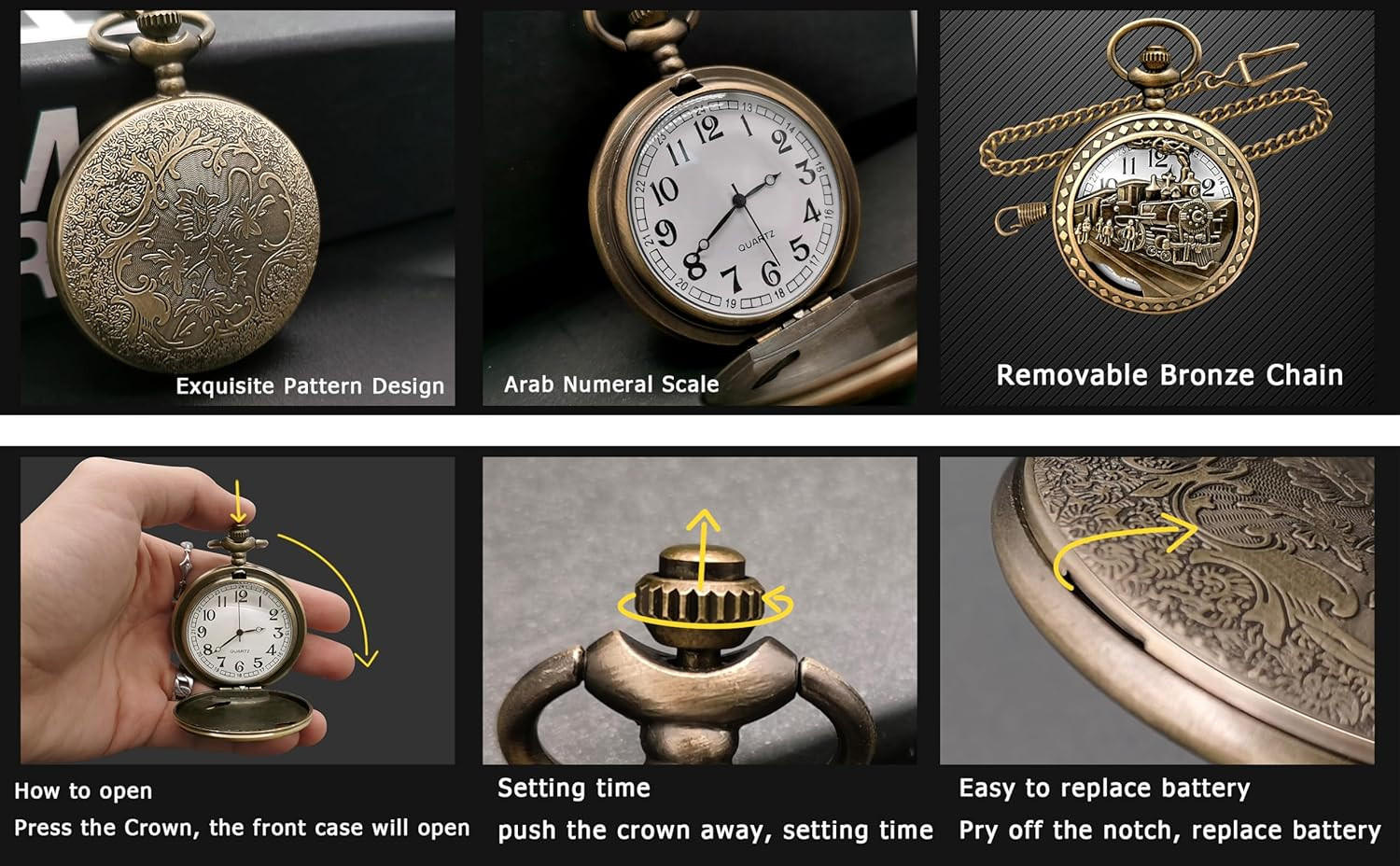 Vintage Bronze Steam Train Mens Quartz Gift Pocket Watch with Chain