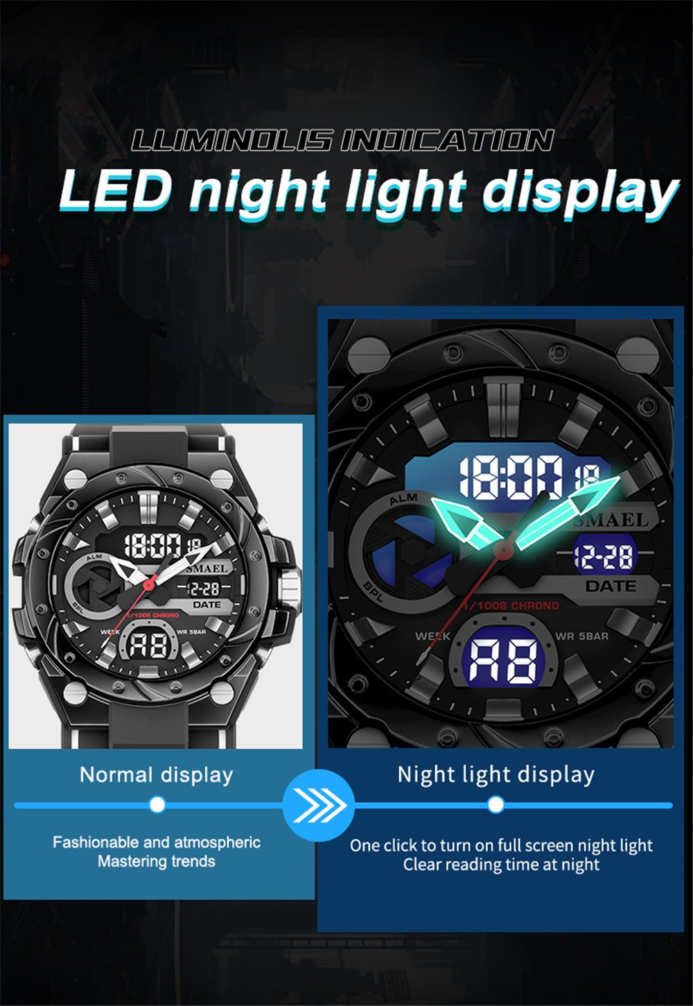 SMAEL Men Digital Sport Watch Large Dial LED Alarm Wristwatch Boy Military Watct