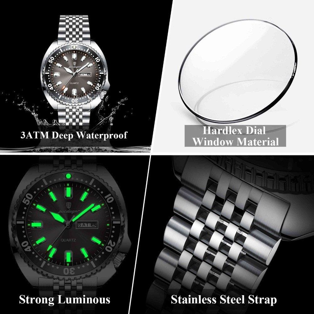 POEDAGAR Men Date Week Waterproof Luminous Casual Stainless Steel Quartz Watch