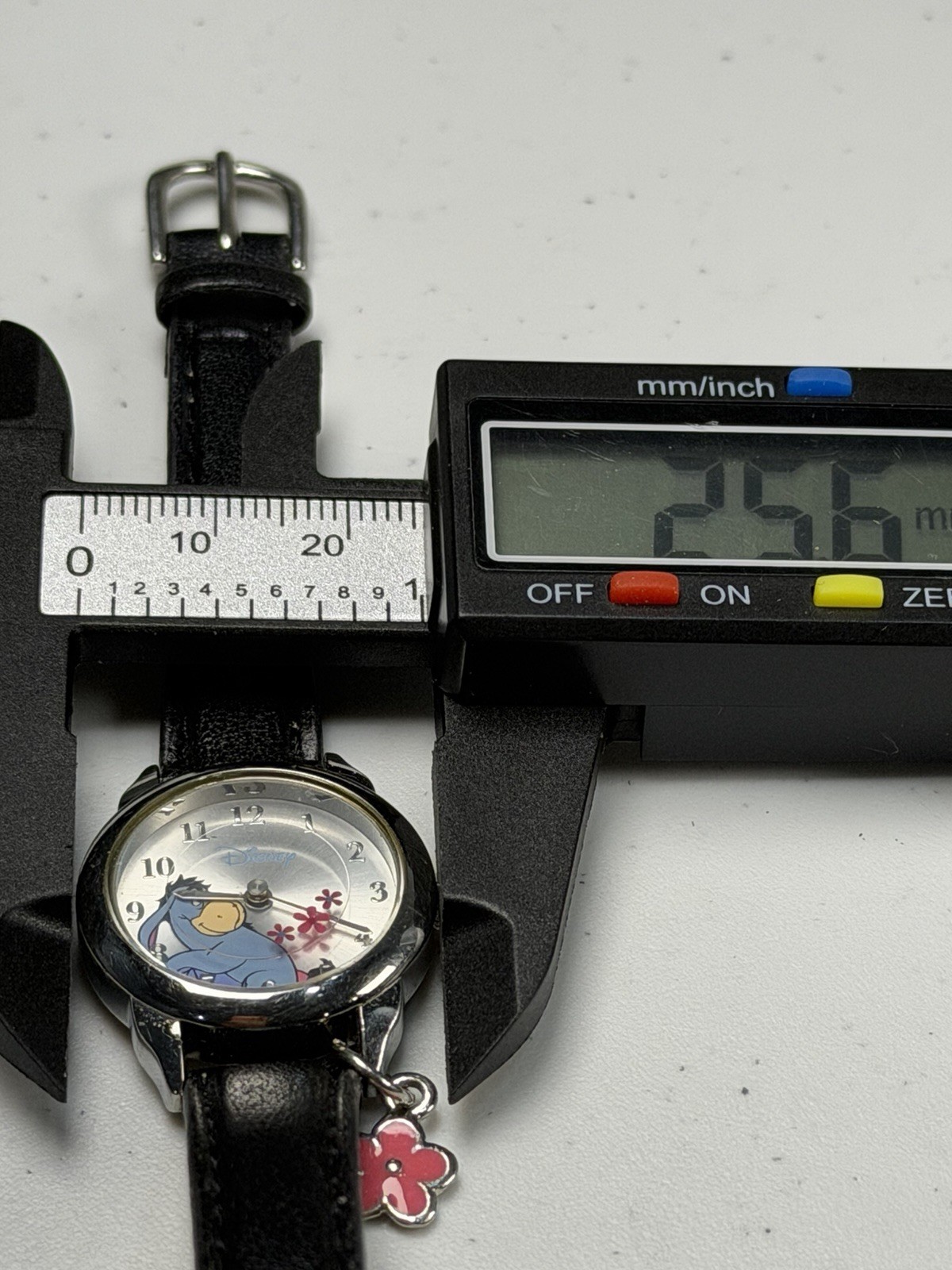 Disney Eeyore Charm Watch Black Leather Strap Quartz 25.6mm Working Japan Movt