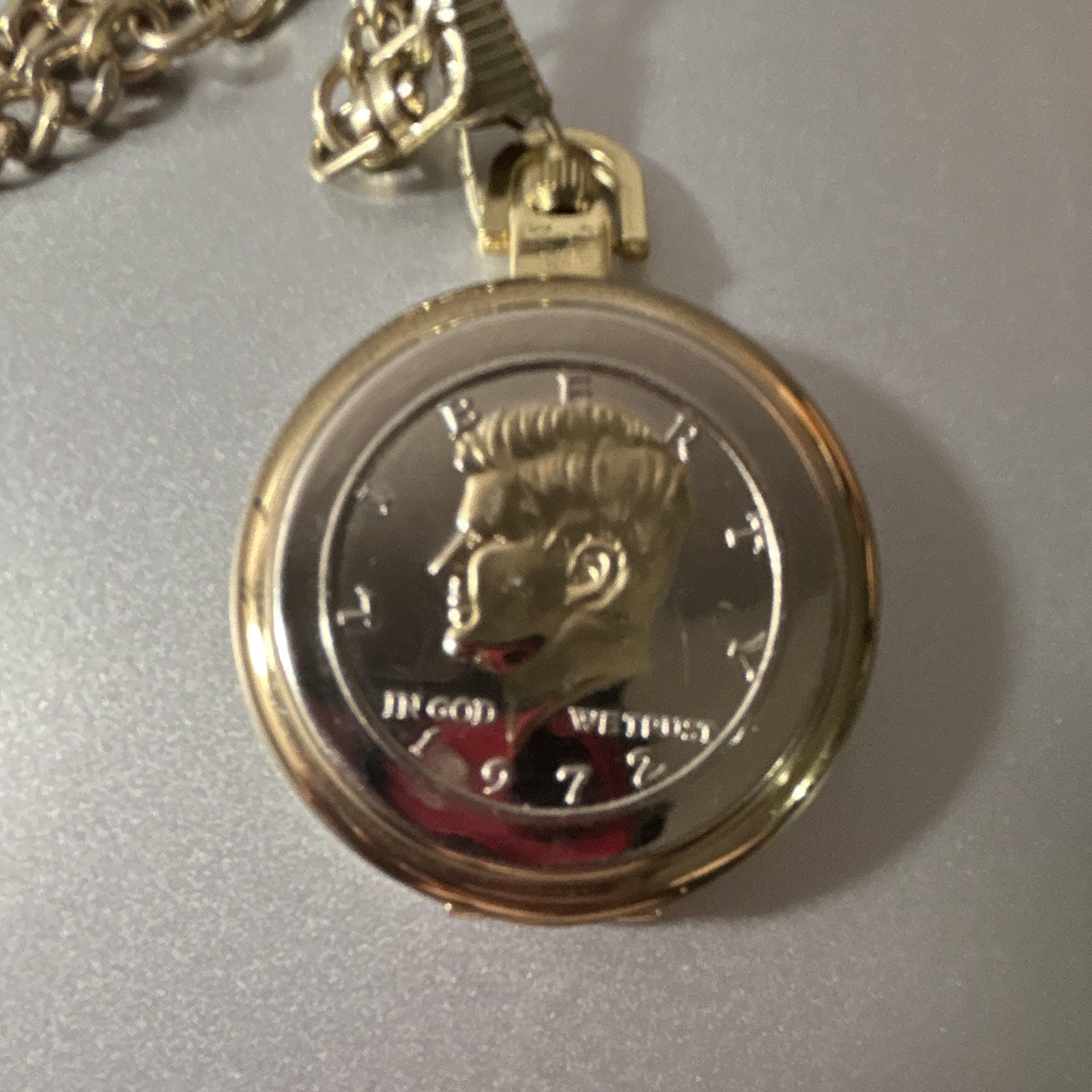 Gold Tone Full Hunter Quartz Pocket Watch w/ Chain Kennedy Half Dollar Design