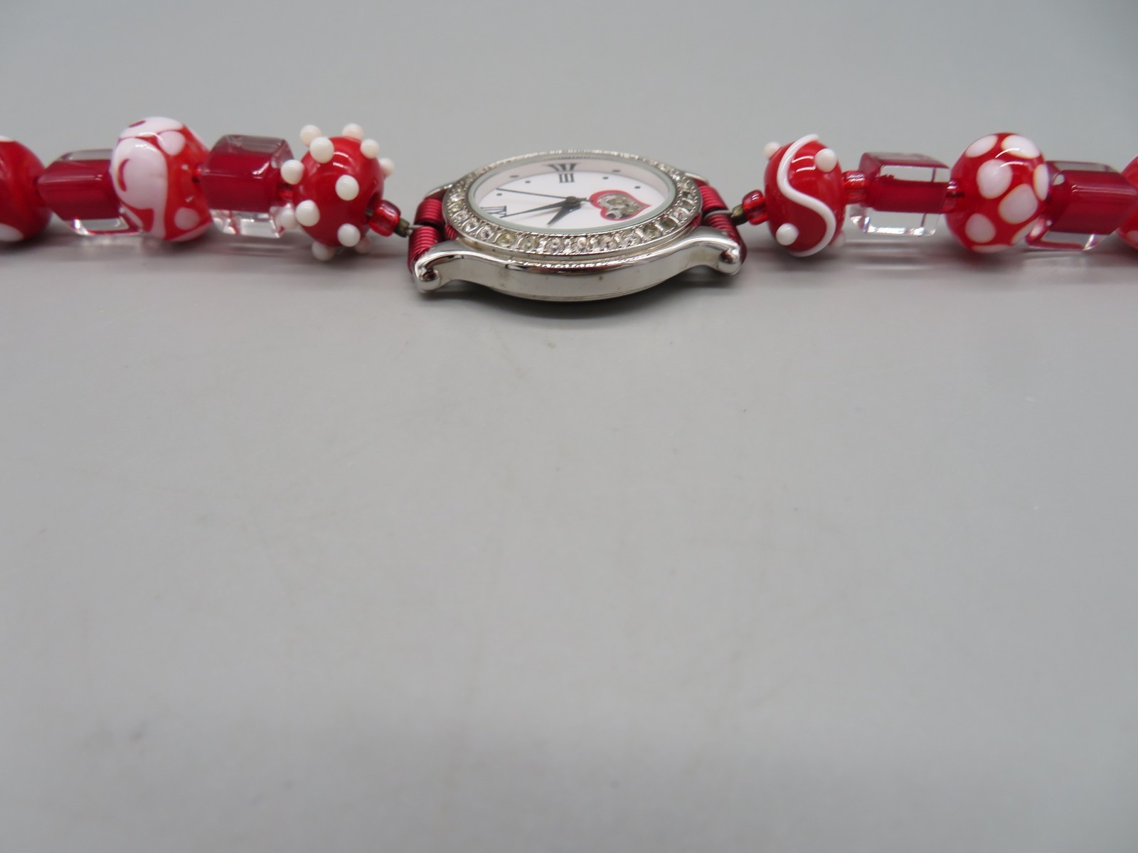 Unusual Gossip Watch Red, White & Clear Beaded Band Gemstone Bezel New Battery