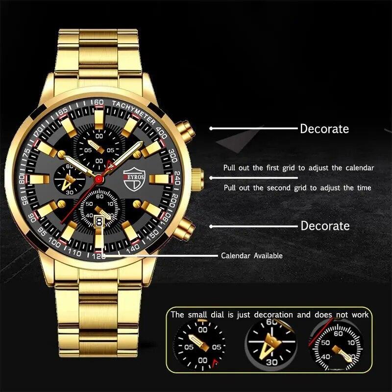 3pcs Luxury Mens Calendar Watch Eagle Necklace Chain Bracelet Gift Jewellery Set