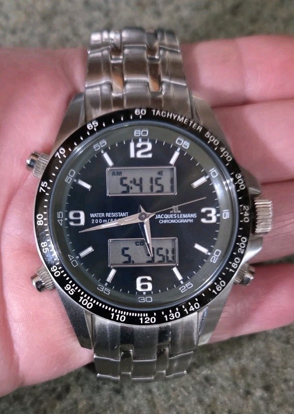 Mens Jacques Lemans 1241 Digital Analog Stainless Steel Watch 44mm New Battery