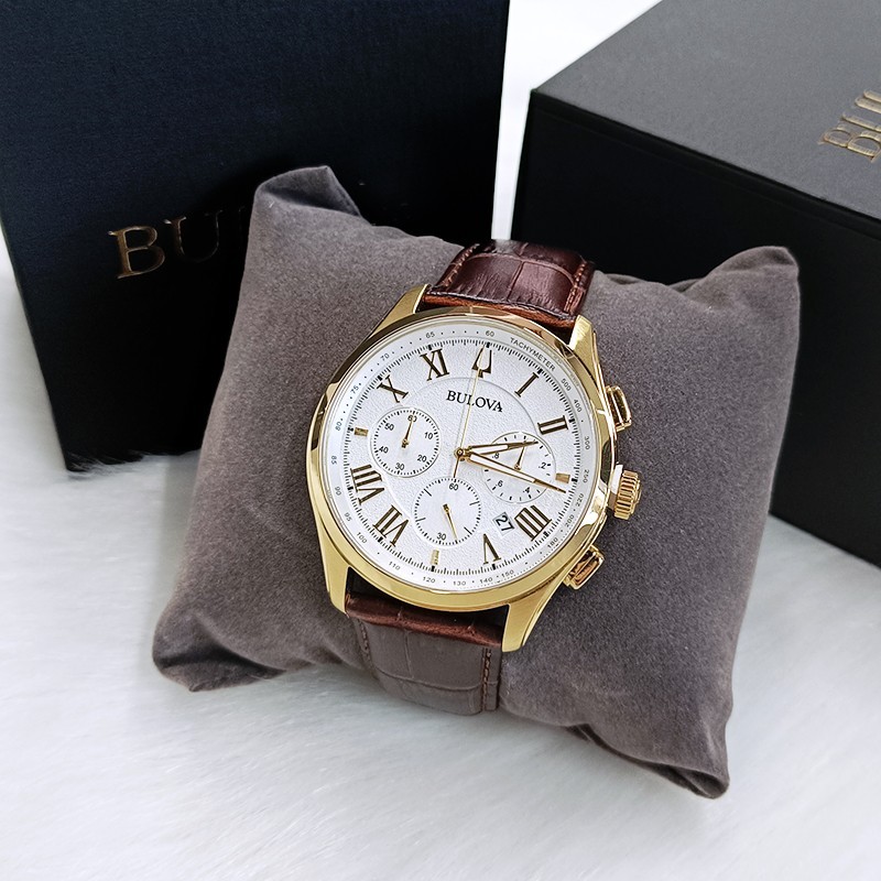 Men’s Bulova Wilton White Dial Brown Leather Classic 97B169 Quartz Watch 46.5mm
