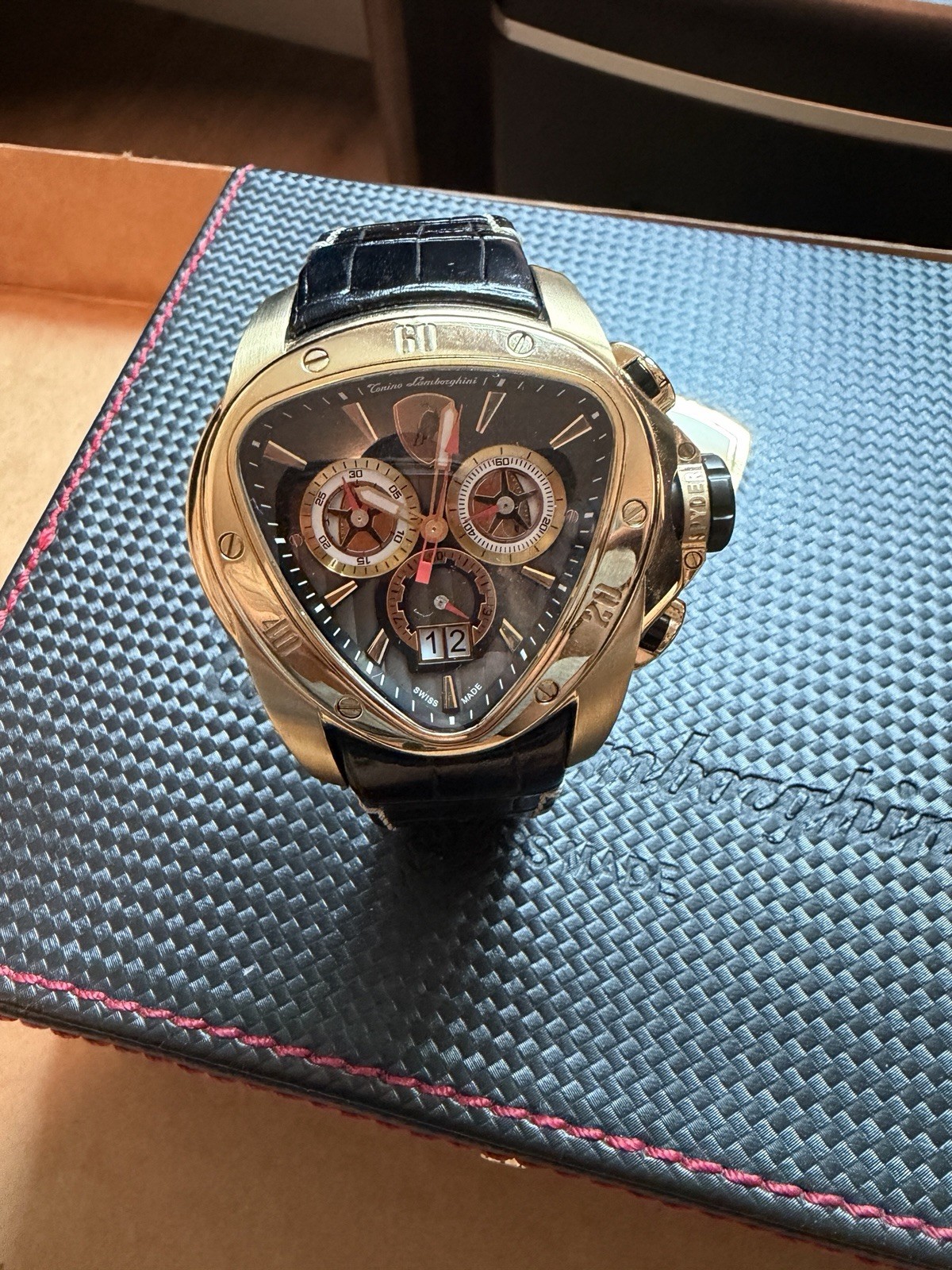 Tonino Lamborghini Spyder Quartz Chronograph 46mm Black Dial Gold Case 100m Box