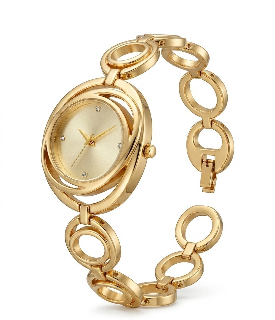 18k Gold Analogue Chain Watch Bracelet- Luxury Mirror Fish Gold Dial Band Watch