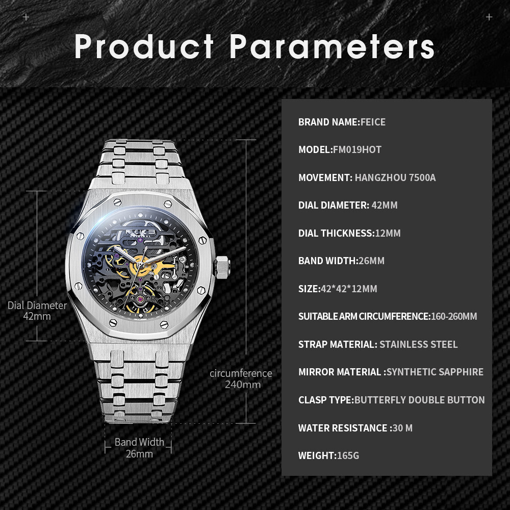 Men’s Automatic Mechanical Watch Skeleton Hollow Out Sapphire Glass Sports Watch