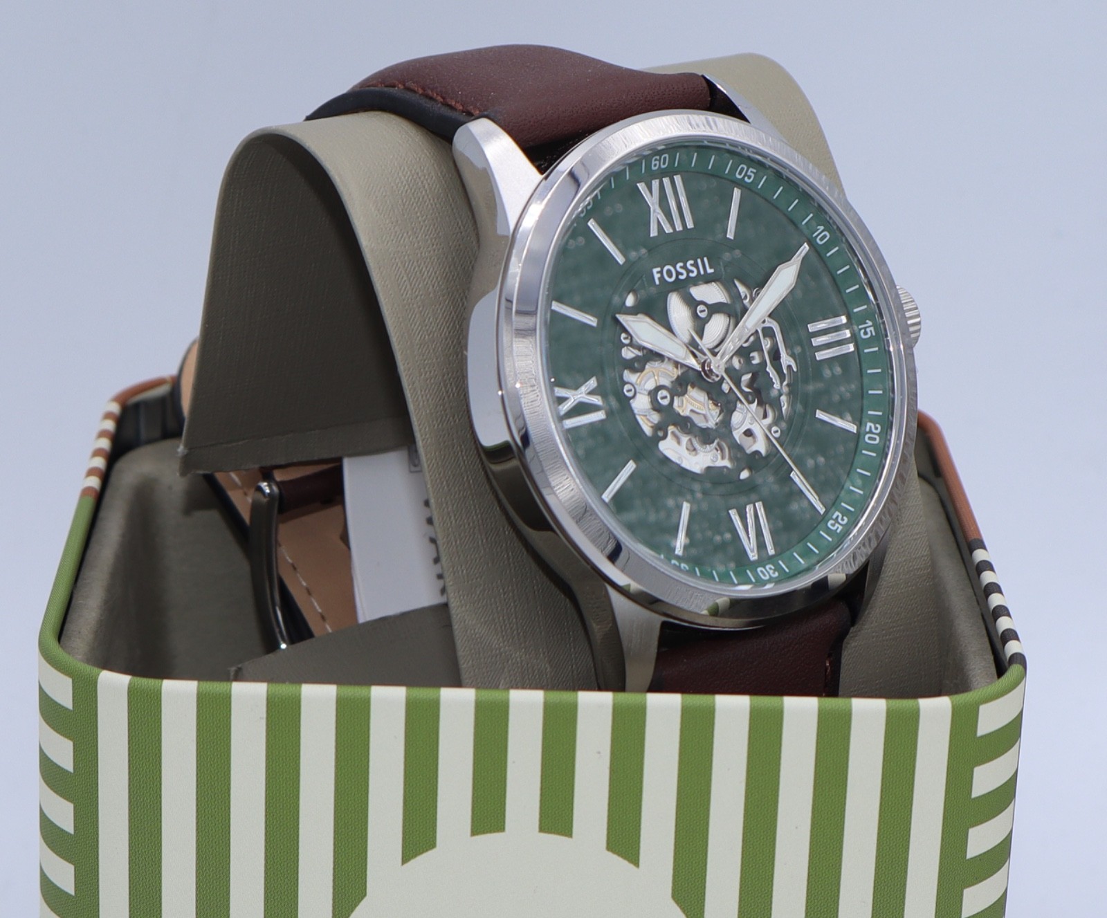 Fossil Flynn Silver Green Brown Leather Skeleton BQM7129 Men Watch