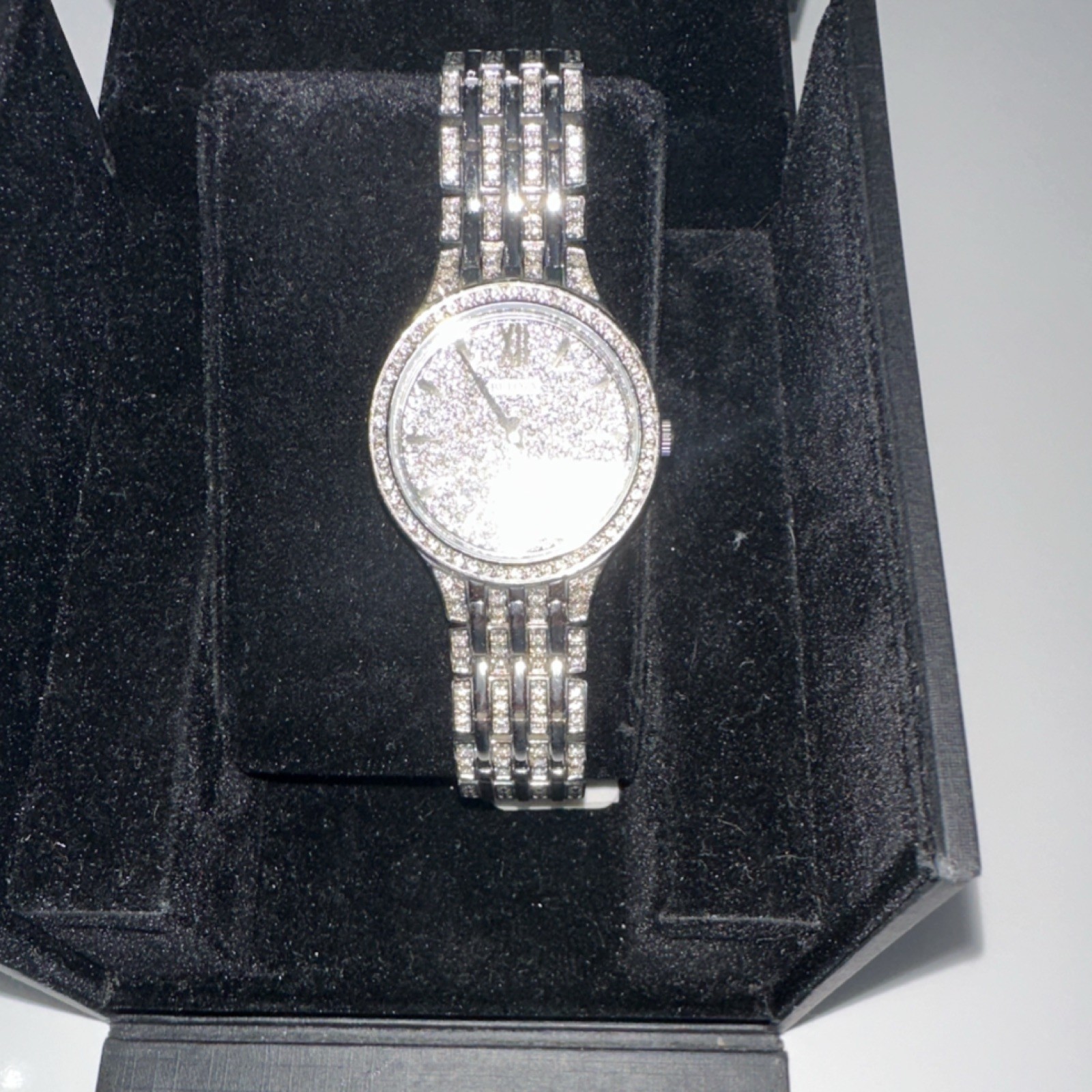 Bulova Women’s Gemmed Silver Analog Wristwatch Diamond Pattern Dial