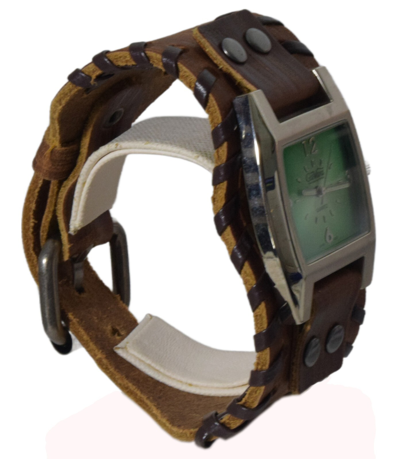 GIOVANI: Western punck style leather band Quartz Black/White/Green Face Watch
