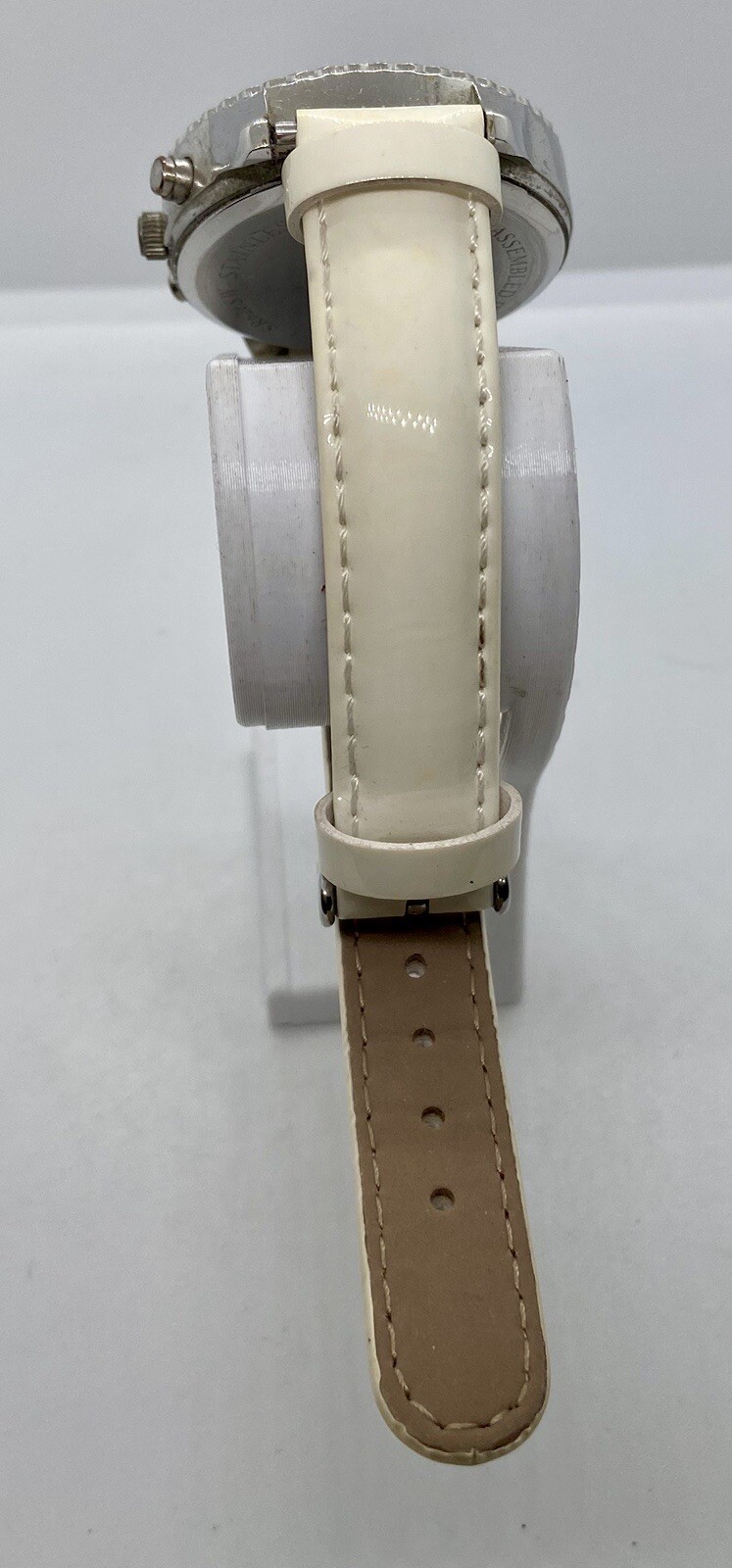 NY&C Ladies Watch Iced Large MOP Dial New Battery Faux Chrono Ivory Leather Band