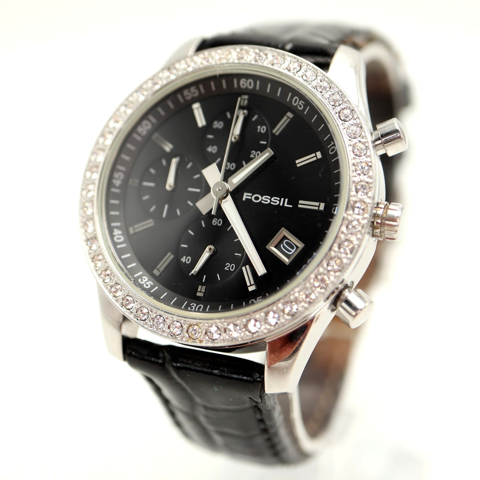 Fossil Arkitekt Chronograph 37mm Watch Black Leather Gem Set ES1648 New Battery