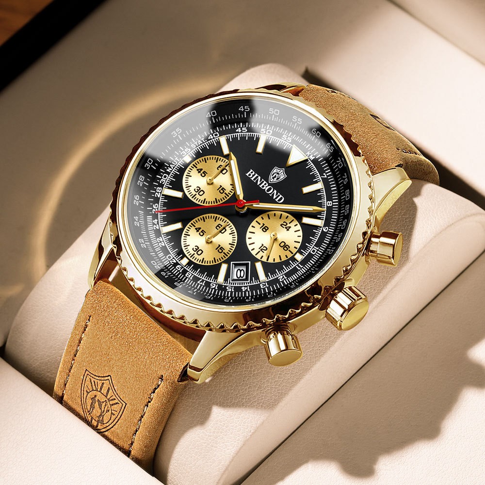 BINBOND Men’s Quartz Chronograph Watch Luminous Date Waterproof Leather