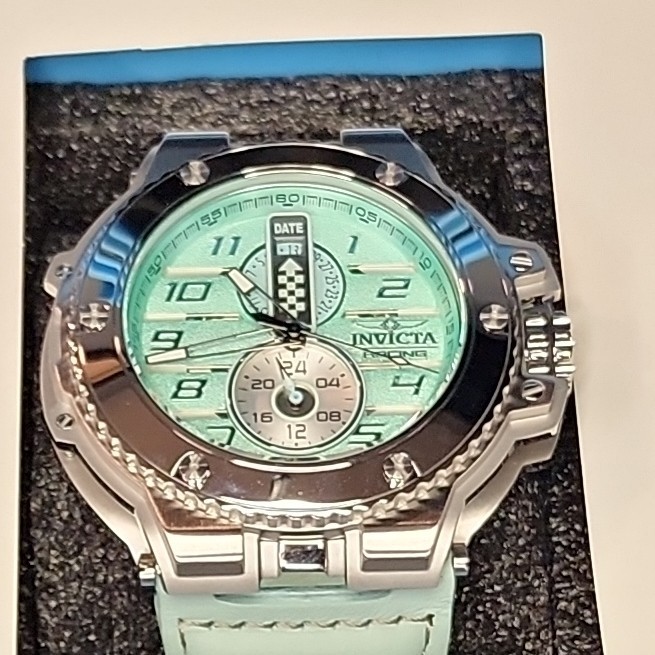 Invicta Racing Men’s Downforce Watch Green Dial/Leather Strap, W/Dive Case.