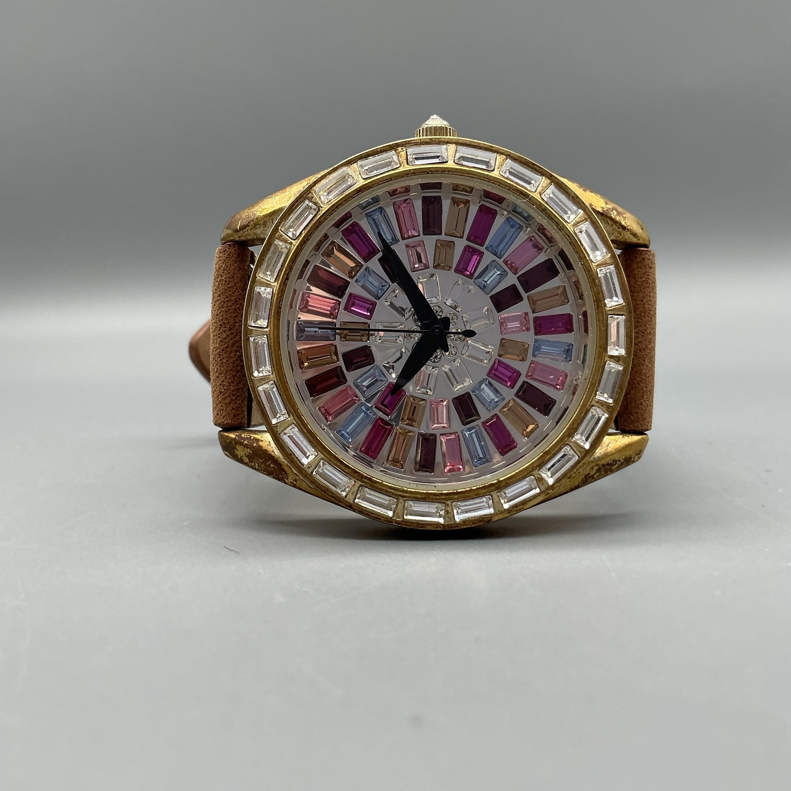 Adrienne Womens Watch 41mm Multicolor Gem Dial Gold Tone Brown Strap New Battery