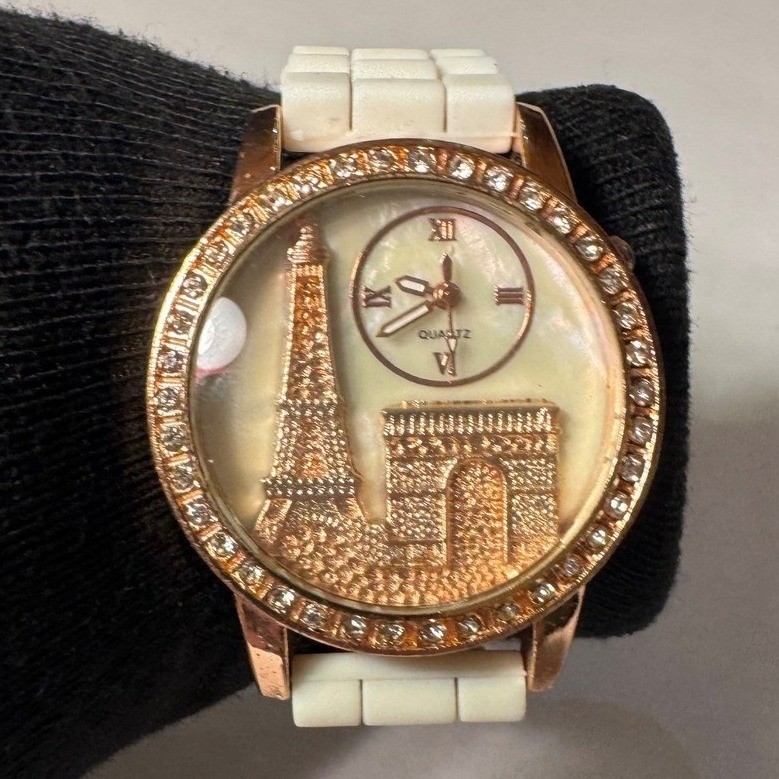 Paris Eiffel Tower Rose Gold Rhinestone Quartz Watch White Silicone Band